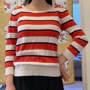 XS LOFT Red, Black & White Striped 3/4 Sleeve Top with gold shoulder buttons